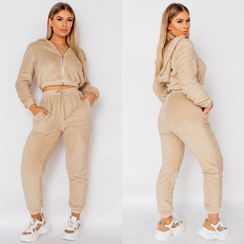 Beige Teddy Bear Fur Long Sleeve Hooded Crop Top and Jogger Pants Two Piece Set - Picture 1 of 11
